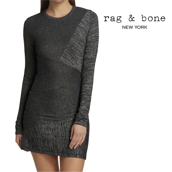 Rag & Bone Knot Tonal Blocked Mini Sweater Dress Rayon Blend Black Grey NWOT - Picture 1 of 16